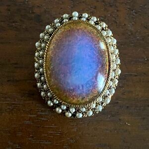 Gold tone Faux pearl and fire opal brooch
